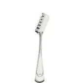 Silver spaghetti tongs with heart-shaped handles and perforated heads displayed on a white background in a studio setting.