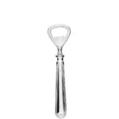 Silver bottle opener with teardrop handle, ribbed texture, curved lever, polished metal finish, and heart-shaped detail against white backdrop.