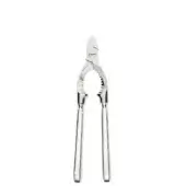 Champagne tongs, polished stainless steel, elongated curved handles with circular indentations for secure glassware grip and joint screw detail.