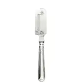 Stainless steel lemon peeler with flat blade, circular openings, and curved handle featuring vertical grooves and embossed "Zest" text.