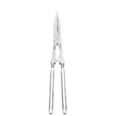 Silver lobster tongs with slender blades, textured inner arms, and ergonomic handles for cracking shells, against a white background.