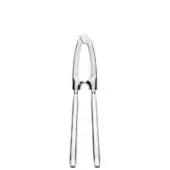 Nut cracker, silver stainless steel, elongated design with scalloped opening and curved handles, polished lustrous finish, embossed “INOX” marking.