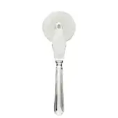 Stainless steel pizza cutter with circular blade, fluted handle, and polished reflective finish, isolated on white background.