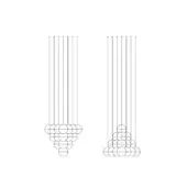 Geometric sculptures with overlapping circles in a pyramidal arrangement, suspended by parallel vertical lines against a white backdrop.