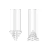 Minimalist line art with geometric patterns, white background, featuring connected circles in triangular and stepped arrangements, thin linear structures.