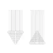 Minimalist geometric drawings of triangular arrangements with circles and lines on a white background, featuring both full and semi-circle compositions.