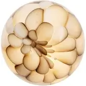 Bronze and beige spherical sculpture with interlocking organic shapes, displaying a swirling pattern and glossy, textured surface.