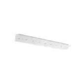 Linear pendant fixture, matte white metal, rectangular form with circular openings evenly spaced along its length, minimalist studio lighting.
