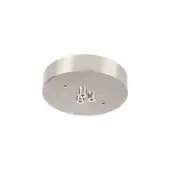 Brushed nickel ceiling canopy, circular shape, six threaded posts centered for pendant light installation, smooth reflective finish.