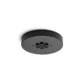 Pendant light cluster, matte black finish, circular disc form with recessed cylindrical shades angled in a dynamic, layered arrangement.