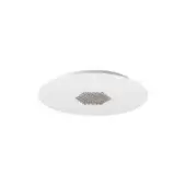 Recessed ceiling light, white metal, circular fixture with concentric array of small cylindrical light sources against a white backdrop.