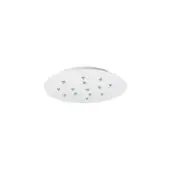 White round pendant canopy with nineteen metallic conical nozzles evenly spaced around a central circular mark.