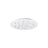 Chrome showerhead canopy, circular design, with approximately 30 nozzles evenly distributed across a polished metallic surface against a white backdrop.