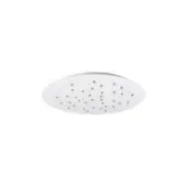 Round showerhead, polished chrome, flat oval canopy with recessed mounting plate and evenly spaced nozzles against a white backdrop.