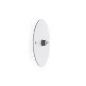 White circular plate with polished surface, featuring mounting screws and threaded post, minimalist design for wall fixture.