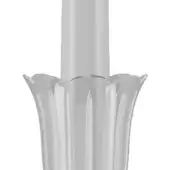 Glass sculpture, clear crystal, flared petal shape with vertical ridges and brushed silver metal rod extending from center.