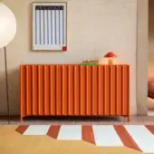 Distinguished Miniforms Containermid sideboard crafted in Italy with reddish-orange metal and geometric slatted bi-fold doors
