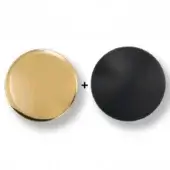 Gold and black circular lighting components with labels, displayed on white; glossy gold disc and matte black disc.