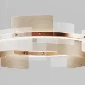 Pendant light, white acrylic and satin teak, with concentric horizontal rings stacked vertically and bronze fasteners.