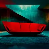 Distinctive Joker Home Collection sofa with vibrant red velvet upholstery and a contemporary sculptural design crafted in Italy