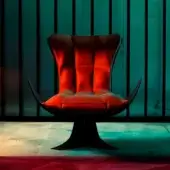 Superior Joker Throne lounge chair with hand-sculpted fiberglass shell upholstered in glossy quilted red velvet with dark metal accents