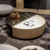 Distinguished Wayne Enterprises WE-034 coffee table with striking asymmetrical design and contrasting black and white marble top in lacquered wood