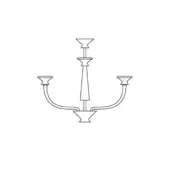 Vertigo Chandelier Arms line drawing, black monochrome, tiered cylindrical stem with three curved arms and flared cup fixtures.