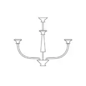 Vertigo Chandelier Arms line drawing, metal three-arm design with central tapered shaft and curved elements, white background.