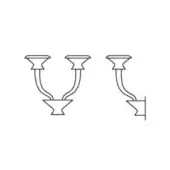 Vertigo wall lamp line drawing, two-arm version, curved necks, circular shades, central bowl base, angular metal wall bracket.