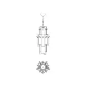 Suspension lamp, steel, tiered design with stacked geometric forms and radiating arms, detailed technical line drawing, white background.