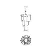 Midtown suspension lamp, steel finish, multi-tiered chandelier with rectangular tiers, chain suspension, geometric design, top & side views.