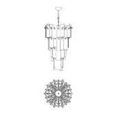 Midtown Suspension Lamp, dark metal, tiered rectangular frame with circular ceiling mount and chain suspension, technical drawing.