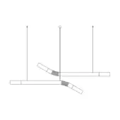 Linear chandelier, metallic white finish, asymmetrical design with square mounts and angled rectangular element connected by a central bar.