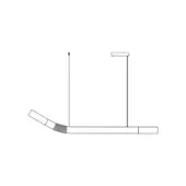 Pendant light, black line drawing, rectangular bar with curved extension and vertical canopy, suspended by a thin cable.