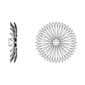 Agave wall lamp technical drawing, metal blades radiating from a central hub, square mounting plate, symmetrical circular design.