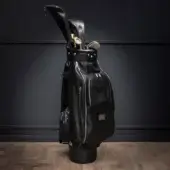 Distinctive WAYNE Enterprises WE-GOLF 048 golf bag with black leather and textured carbon fiber leather, accented by striking silver hardware