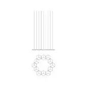 Webb Suspension Lamp technical drawing, black lines on white, nine vertical rods with disc elements, geometric hexagonal pattern below.
