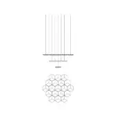Webb Suspension Lamp technical drawing, black lines, circular discs on wires, hexagonal prism pattern below, white background.