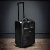Distinguished WAYNE Enterprises WE-CB1107 trolley with black leather exterior and sleek carbon fiber inserts in nickel finish