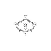 Chandelier arms line drawing, dark metal finish, diamond frame with flame motif and four curved arms featuring bowl-shaped fixtures.