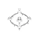 Chandelier arms drawing, black metal, ornate candelabra with flame details, diamond frame, curved arms, symmetrical design, white background.
