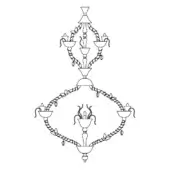 Chandelier line drawing, 21-arm Adonis, metal construction, tiered diamond shape, cup shades, curved stems, symmetrical design, white background.