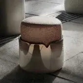 Distinguished Giorgetti Teti Ottoman – Maserati Edition ottoman with reddish-brown and beige textile upholstery and liquid metal base finish