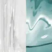 Crystalline and swirling textures, translucent vertical striations paired with glossy cadet blue liquid patterns, studio shot composition.