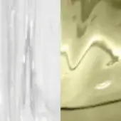 Material swatches, white crystal and olive resin, smooth vertical striations versus fluid organic form, neutral background.