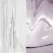 White striated panel and periwinkle swirled surface, glossy material textures displayed as diptych against a neutral backdrop.