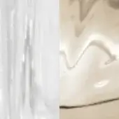 Crystal and sand textures, translucent white striated material beside creamy beige swirling pattern, glossy sheen, neutral background.