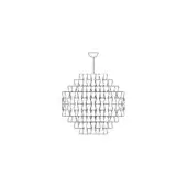 Suspension lamp, metal, spherical shade with tiered rectangular modules, slender cylindrical rod, minimalist geometric design, white background.