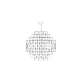 Suspension lamp, metal, spherical form with tiered triangular modules, minimalist design, slender rod, circular mounting plate, white background.
