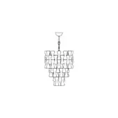Suspension lamp, brushed metal, cascading geometric tiers composed of triangular modules in a technical line drawing against white.
